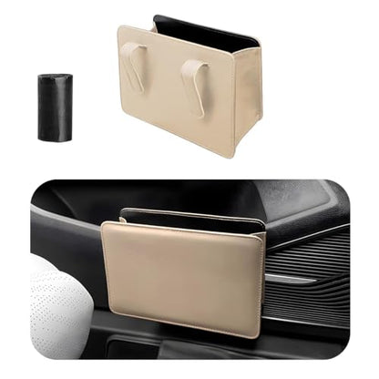 Yourkar Car Trash Can, Foldable Waterproof Leather Car Garbage Organizer Holder, Automotive Mini Dustbin Container with One Roll Trash Bag, Universal Interior Car Accessories (Beige) - color: Beige, S