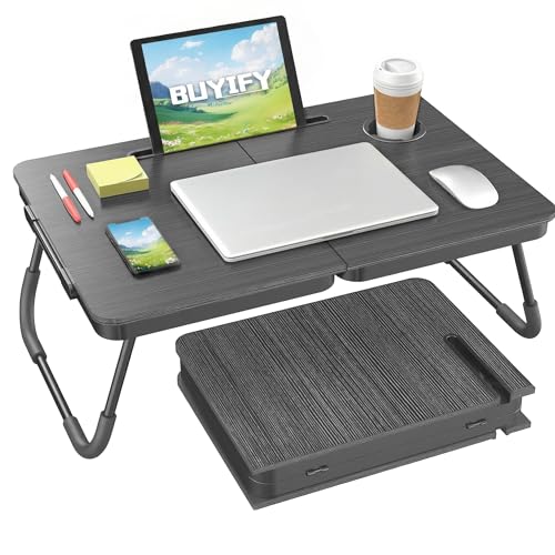 BUYIFY 23.4" Foldable Lap Desk Bed Table with Cup Holder Portable TrayBlack | Folds Flat for Easy Storage, No Assembly Laptop Bed Desk, Sturdy and Lightweight, Versatile for Work Eat Study, Patent Design - color: Black