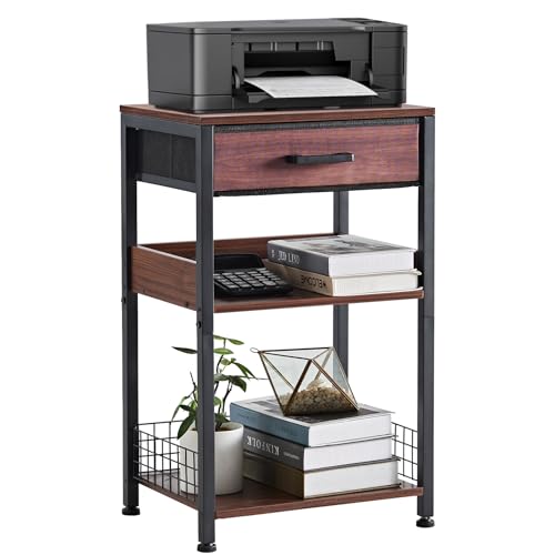 Lerliuo Walnut Printer Stand with Fabric Drawer, 3 Tier Industrial Side Table, Modern Small Printer Desk Holder with Storage Shelf,Multi-Functional Bedside Tables for Home Office Fax Machine Scanner - color: Walnut