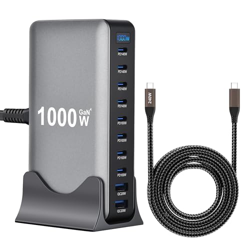1000W 10-Port GaN 4 Desktop Charging Station with 240W 6.6 ft Data Cable - Compatible with Tablets, Phones, Laptops, Gaming Consoles, Headphones - size: 1000WGaN4