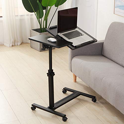 TigerDad Over Bed Table with Wheels Adjustable | Rolling Laptop Table Overbed Desk Hospital Tray Table Sofa Chair Side Table (Black) - color: Black
