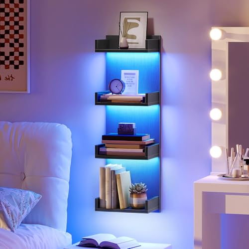 HOOBRO Floating Wall Shelves with LED Lights, Floating Shelf Wall Mounted for Storage, Vertical Display Stand, Modern Column Rack, for Bedroom, Livingroom, 4-Tier, 35.4 Inches, Black, BK41DBJ01 - color: Black, size: 35.4 Inches