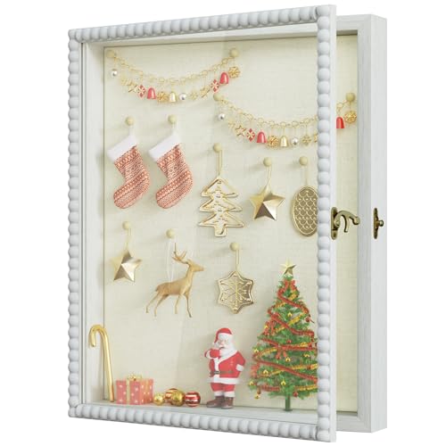 Love-KANKEI Shadow Box Frame 13x16, Deep Large Shadow Box Display Case with Unique Beads Door and Glass Window, Wood Memory Box for Pictures,Medals,Memorabilia,Collections White - color: White, size: 13x16