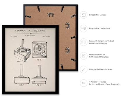 Monem Art 4-Piece Gaming Blueprint Poster - Video Game Patent Print - Joystick & Controller Art - Technical Drawing Design - Gameboy Print - Office or Kid's Room Decor, 8x10 Black Framed