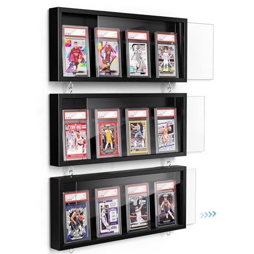 Emfogo Card Display Case, 3 Pack Trading Card Display Frame Wall Mount, Wooden Baseball Card Display Case with Clear View, Graded Sports Card Display for Trading Card Collection (3 Pack-Black) - size: 1-Layer 3 Pack