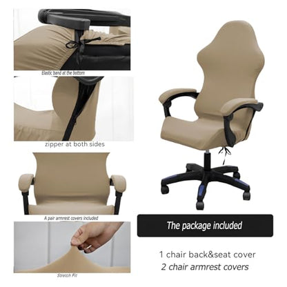 Gaming Chair Cover Set with Armrest Covers, Stretch Ruffled Slipcover for Racing Office Computer Reclining Chairs (Khaki) - color: Khaki