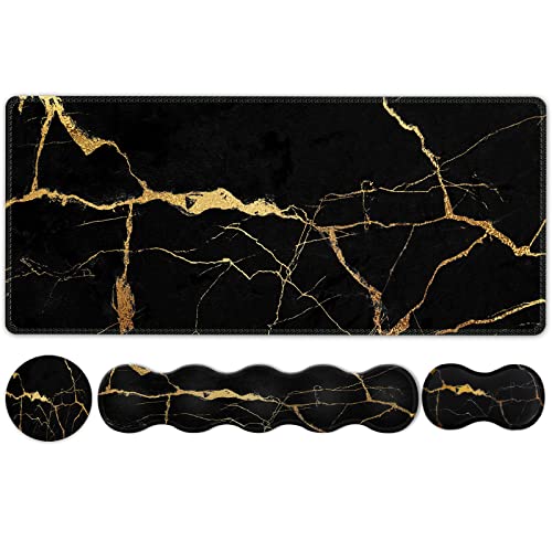 iLeadon Pad Set, Large Gaming Mouse Pad + Keyboard Wrist Rest + Mouse Pad with Wrist Support + Coaster, Easy Typing Pain Relief, 35.4x15.7in Desk Mat for Home Office, Black Gold Marble - color: Black Gold Marble