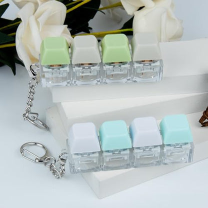 2 PCS 4-in-1 Keyboard Fidget Toy Keychain, Finger Clicky Button Toy Stress Relief Keychain with Swappable Keycaps, Mini Mechanical Key Fidget for Office Desk Focus Gifts (Green Blue White) - color: Green Blue White