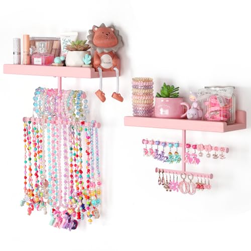 Keebofly Jewelry Organizer Wall Mounted Hanging with Wooden Shelf for Kids, Girls, Teens, Jewelry Holder Storage Display for Earring, Necklace, Bracelet, Bow, Pink, (Patented) - color: Pink