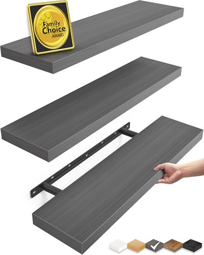 BAYKA Grey Floating Shelves for Wall, Set of 3, 22.5 inch Wall Mounted Shelf for Bedroom, Living Room, Kitchen – Wood with Hidden Metal Brackets, 22LBS Capacity – Storage for Books, Plants, Decor - color: F. Grey - Industrial Edge Style, size: 22.5inches