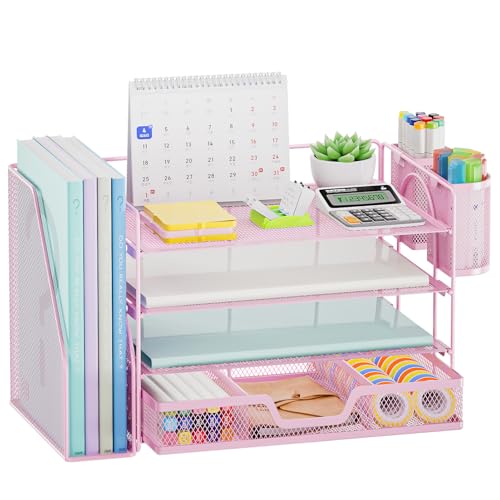Marbrasse Desk Organizer and Accessories，4-Tier Paper Letter Tray Organizer with File Holder, Workspace Desk Organizers Accessories with Drawer and 2 Pen Holder (Pink, 15.4" x 9.1" x 8.3") - color: Pink