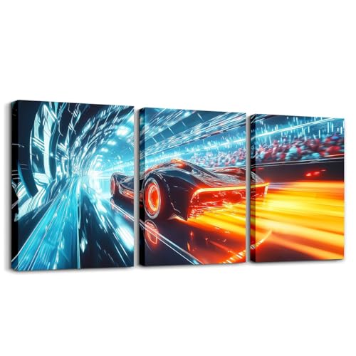 Boys Race Car Canvas Wall Art Set of 3,Neon Racing Cars Wall Art for Boys Kids Para Niños,Orange Blue Sports Gaming Decor for Teens,Cool Sci-Fi Extreme Sports Speed Car Poster Prints,12x16 - color: Orange Blue