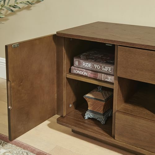 LKTART 59" Mid-Century Modern TV Stand, Solid Wood Veneer Entertainment Center with Storage Drawers & Cable Management,Eco-Friendly Paint Finish Media Console for 50/55/60/65 inch TVs,Walnut - color: 59" Walnut