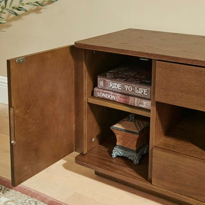 LKTART 59" Mid-Century Modern TV Stand, Solid Wood Veneer Entertainment Center with Storage Drawers & Cable Management,Eco-Friendly Paint Finish Media Console for 50/55/60/65 inch TVs,Walnut - color: 59" Walnut