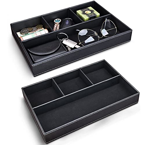 GORESE 2 Pieces Faux Leather Valet Tray for Men, Stackable Jewelry Organizer for Drawers, Nightstand Caddy Tray for Key, Wallet, Sunglass, Watch, Coin, Phone, Bedside Desk-top Storage Black - color: Black-2 Set