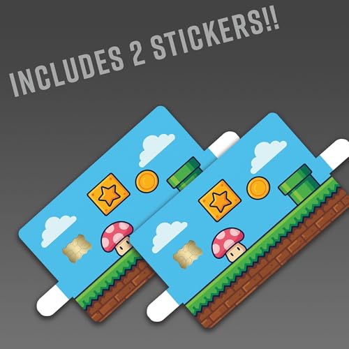 Retro Platformer World – Credit Card Skin Sticker Cover Decal Wrap 2-Pack – Cute Mushroom, Coin & Star Block Design