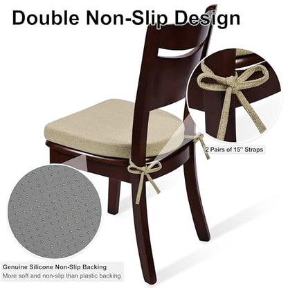 Shinnwa Dining Chair Cushions, Non-Slip Kitchen Chair Cushions with Ties and Machine Washable Cover, 17 x 16.5 x 2in, Natural Linen - color: Natural Linen
