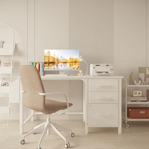 Lufeiya White Desk with File Drawers Cabinet, 47 Inch Reversible Computer Desk with Fabric Filing Cabinet for Bedroom Small Space Home Office, Modern Writing Table PC Desks, White - color: White, size: 46.6"
