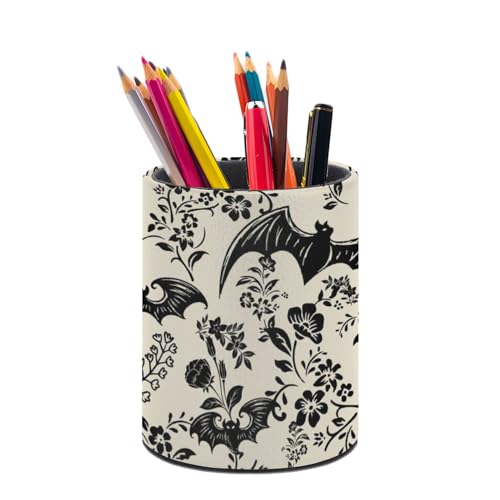 Gothic Bat Flowers Pen Holder Pencil Cup for Desk Organizer | Cute Makeup Brush Holder PU Multifunctional Office Suppliesfor Decor Home Classroom School - color: Bat Flowers