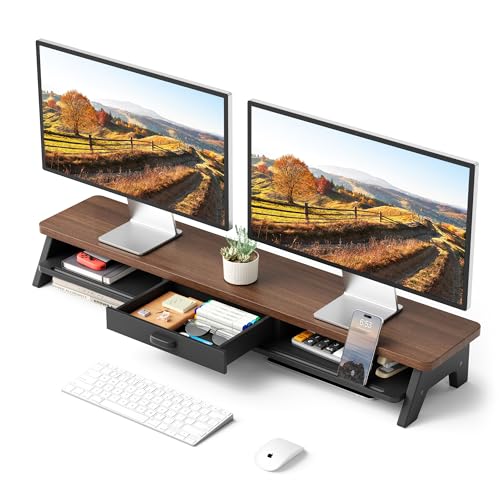 AFOOYO Dual Monitor Stand Riser,LED 2-Tier 39.3 Inch Computer Monitor Stand for 2 Monitors,Office Desktop Organizer with Storage Drawer and Phone Holder for Laptop,PC,Computer,Printer,Walnut - color: LED-Walnut, size: 2 Tier