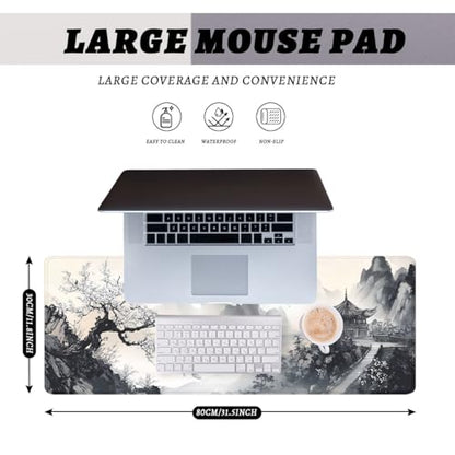Japanese Mouse Pad Ink Landscape Mountain Pavilion Blossom Large Desk Mat Waterproof Stitched Edges Rubber Base Non-Slip Deskmap Computer Keyboard Mat 31.5 x 11.8 Desk Home Office Gaming - color: Japanese, size: 31.5" x 11.8"