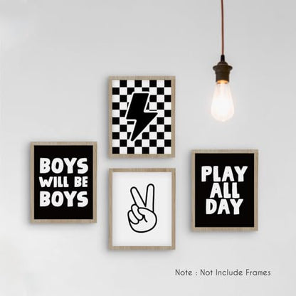 HRQKO Black Boys Room Wall Art Poster Set of 4, Positive Boys Play All Day Posters, Black Checkered Hand Prints for Playroom, 12”x16” Unframed - color: black2, size: 8x10