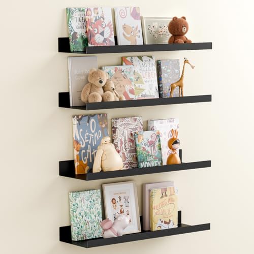 BYCY Metal Floating Shelves Set of 4,15.6 inch Nursery Book Shelves for Wall Mounted,Wide Magnetic Book Display Wall Shelves for Classrooms Kitchen Bedroom Room Decor (Black, 15.7inch,4pcs) - color: Black, size: 15.7inch,4pcs