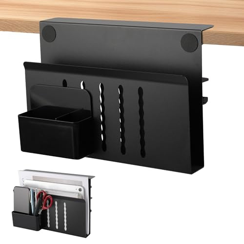 Desk Side Storage with Pen Holder, No Drill Hanging Desk Organizer Under Desk Storage Mount, Clamp-On Laptop Holder Table Side Tray Desktop Organization for Office and Home (Black)