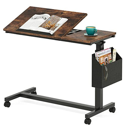 Tribesigns Height Adjustable C Shaped End Table with Wheels and Side Pocket, Mobile Sofa Snack Table with Tiltable Drawing Board, Laptop Side Tray Table for Couch Bed (Rustic Brown) - color: Rustic Brown