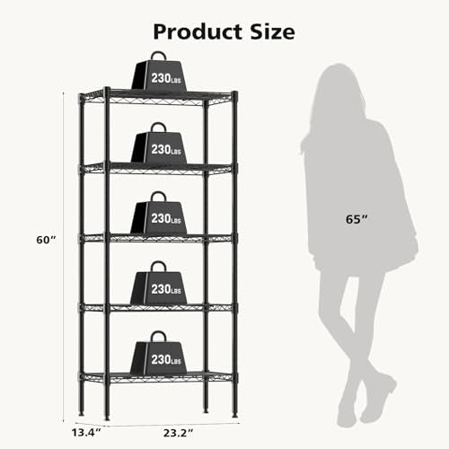 DUMOS 5-Tier Metal Wire Storage Shelves, Adjustable Standing Storage Rack Shelf, Heavy Duty Steel Shelving Unit Organizers for Kitchen Bathroom Pantry Garage, 23.2" Wx13.4 Dx60.1 H, Black - size: 5 Tier-60"H without wheels