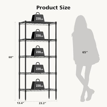 DUMOS 5-Tier Metal Wire Storage Shelves, Adjustable Standing Storage Rack Shelf, Heavy Duty Steel Shelving Unit Organizers for Kitchen Bathroom Pantry Garage, 23.2" Wx13.4 Dx60.1 H, Black - size: 5 Tier-60"H without wheels