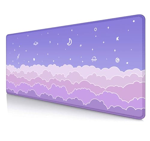 Cute Pastel Purple Desk Mat, Minimalist Large Gaming Mouse Pad Mousepad for Laplop, Kawaii Anime Desk Pad, Gradient Clouds Computer Pads, Aesthetic Stars Moon Deskpad, 31.5 X 11.8 Inch - color: Purple Clouds