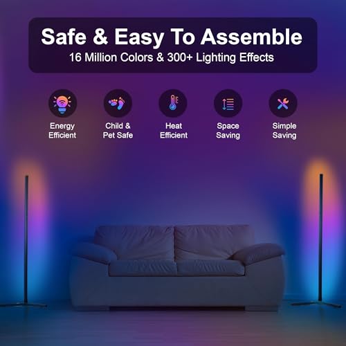 2 Pack Corner Floor Lamp – 57'' Tall RGB Lamp Modern Mood Lighting with 88 LEDs, Bluetooth App Control, and Sturdy Base for Effortless Setup - size: 57 inches
