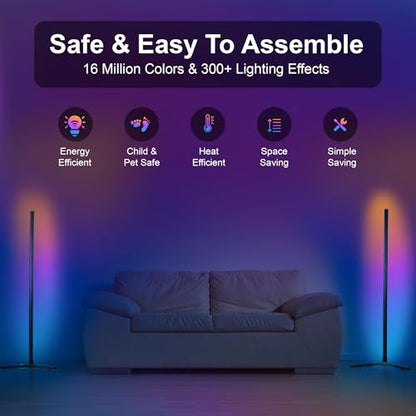 2 Pack Corner Floor Lamp – 57'' Tall RGB Lamp Modern Mood Lighting with 88 LEDs, Bluetooth App Control, and Sturdy Base for Effortless Setup - size: 57 inches