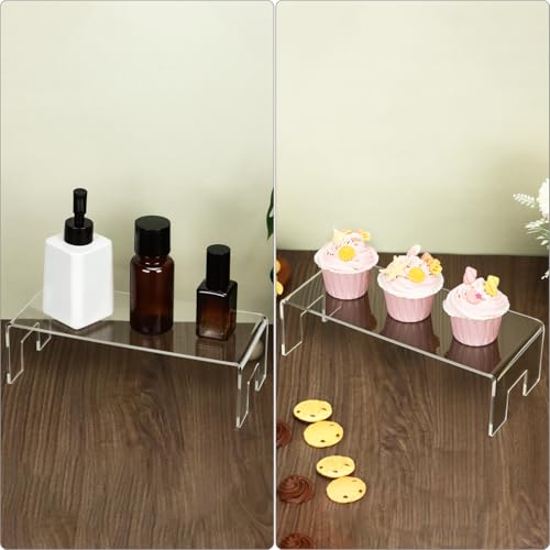 QWORK Clear Acrylic Display Risers Stand, 2 Pack 5mm Thick Transparent Showcase Shelves for Dessert Cupcakes Perfume Toys Cosmetics Jewelry Collectibles, 12x5x3.3 Inch Display Shelf