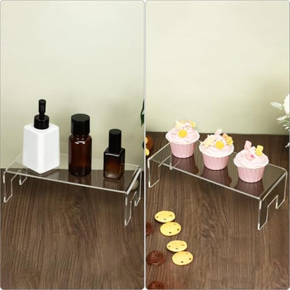QWORK Clear Acrylic Display Risers Stand, 2 Pack 5mm Thick Transparent Showcase Shelves for Dessert Cupcakes Perfume Toys Cosmetics Jewelry Collectibles, 12x5x3.3 Inch Display Shelf
