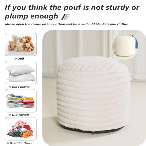 Pouf Ottoman Stuffed Round for Foot Rest, Faux Fur Poufs with Foam Chunk Filling, Storage Ottoman Pouf Foot Stool Cushion, 20 X 15 Inch Floor Chair for Living Room Bedroom Home Decor, Beige