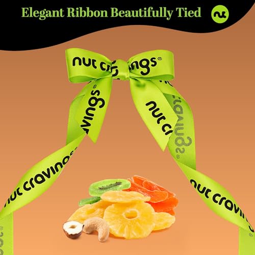 NUT CRAVINGS - Dried Fruit & Mixed Nuts Gift Basket in Reusable Wooden Tray + Ribbon (12 Assortments) Food Arrangement, Healthy Snack Care Package, Kosher - style: 6. Green Ribbon Dried Fruits & Nuts Wooden Tray