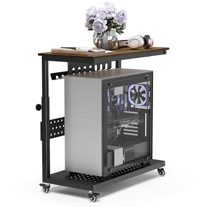Garvee Computer Tower Stand, 2-Tire PC Stand with Rolling Wheels, Line Storage Rack, Adjustable Under Desk PC Cart, Mobile Rolling CPU Holder Cart for Home Office Gaming, Brown