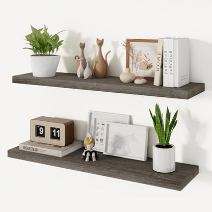 Vivelove Flat Edge Elm Wood Floating Shelf with Invisible Bracket 36”Grey - color: Grey, size: 36”,set of 2