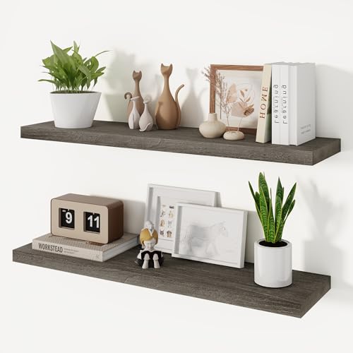 Vivelove Flat Edge Elm Wood Floating Shelf with Invisible Bracket 36”Grey - color: Grey, size: 36”,set of 2