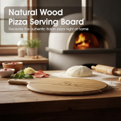 12" Acacia Wood Pizza Board & Cutting Board Set with Pizza Cutter, Round Wooden Serving Tray/Charcuterie Platter for Cheese, Appetizers & Entertaining, Rustic Housewarming Gift - size: 12 inch