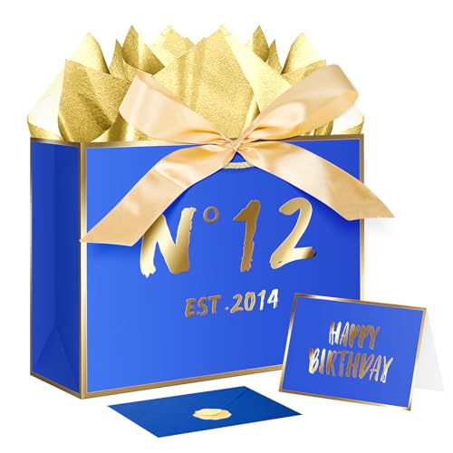 JWSCYSY 12th Blue Birthday Gift Bag with Card, Tissue Paper and Ribbon for Men Boys Birthday Party Favor, Presents Wrapping (12.6" EST 2014) - color: 12TH
