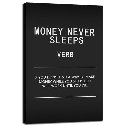WYJDFART Inspirational Wall Art Canvas Painting Wall Art Money Never Sleeps Verb Black Poster Positive Motivational Artwork Prints Picture Living Room Office Decor Framed Ready to Hang[12" W X 18" H] - color: A-ONE-05, size: 12"L x 18"W