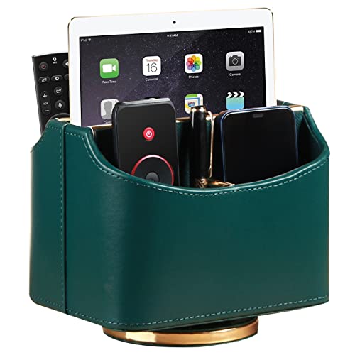 Leather Remote Control Holder for Table, 360 Degree Spinning TV Remote Caddy, Bedside Desk Organizer for DVD, Media, Blu-Ray, Heater Controllers, Mobile Phone, Glasses and Office Supplies Storage - color: Green