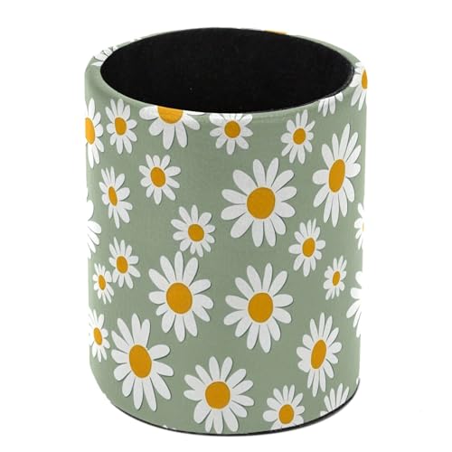 Light Green and Daisy Pen Holder Pencil Organizer for Desk, 3.1” x 3.1” x 3.9” Pencil Cup Office Supplies, Large Capacity Cute Pen and Makeup Brush Holder for Home, School, Desktop - color: Light Green and Daisy