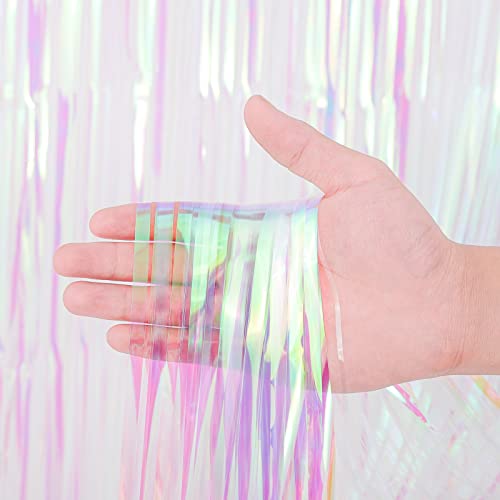 Voircoloria 3 Pack 3.3x8.2 Feet Iridescent Transparent Foil Fringe Backdrop Curtains, Tinsel Streamers Birthday Party Decorations, Fringe Backdrop for Graduation Baby Shower Gender Reveal Disco Party - color: 11 Iridescent