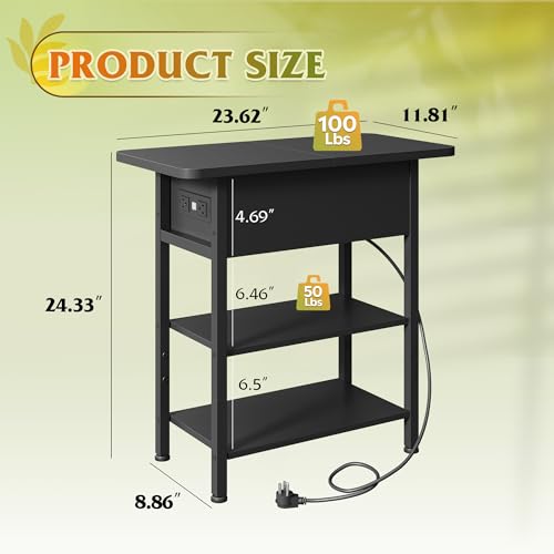 WLIVE End Table with Charging Station, Flip Top Narrow Side Table with Storage Shelf, Small Nightstand with USB Ports and Outlets,Bedside Table for Living Room, Bedroom,11.81" D x 23.62" W x 24.33" H - color: Black