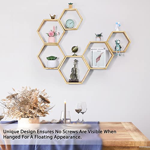 NOVIMANGO Hexagonal Floating Shelves Wall Mounted Set of 6 Wooden Hexagon Shelves Farmhouse Storage Honeycomb Shelves Hexagon Hanging Shelves Rustic Geometric Shelf for Nursery Bedroom Living Room - color: 6 Pack Wood Color
