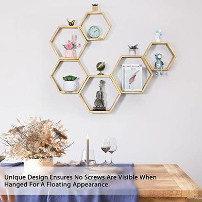 NOVIMANGO Hexagonal Floating Shelves Wall Mounted Set of 6 Wooden Hexagon Shelves Farmhouse Storage Honeycomb Shelves Hexagon Hanging Shelves Rustic Geometric Shelf for Nursery Bedroom Living Room - color: 6 Pack Wood Color